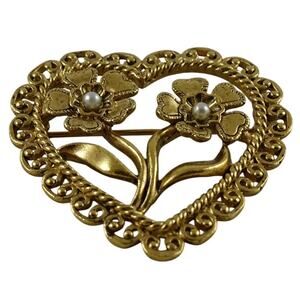 Vintage Unmarked Gold Tone Faux Pearl Brooch Pin Retro Estate Jewelry